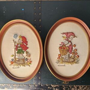 Vintage Needlepoint Young Girl Basket Garden Oval Frame Hummel Cross Stitch Pair